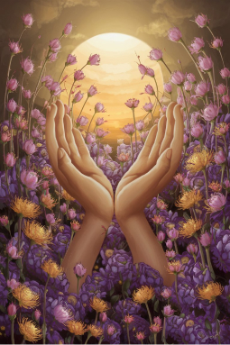 danke-haende-blumen-sonne-340x510 Geöffnete Hände in einem Blumenfeld umrahmen die Sonne.