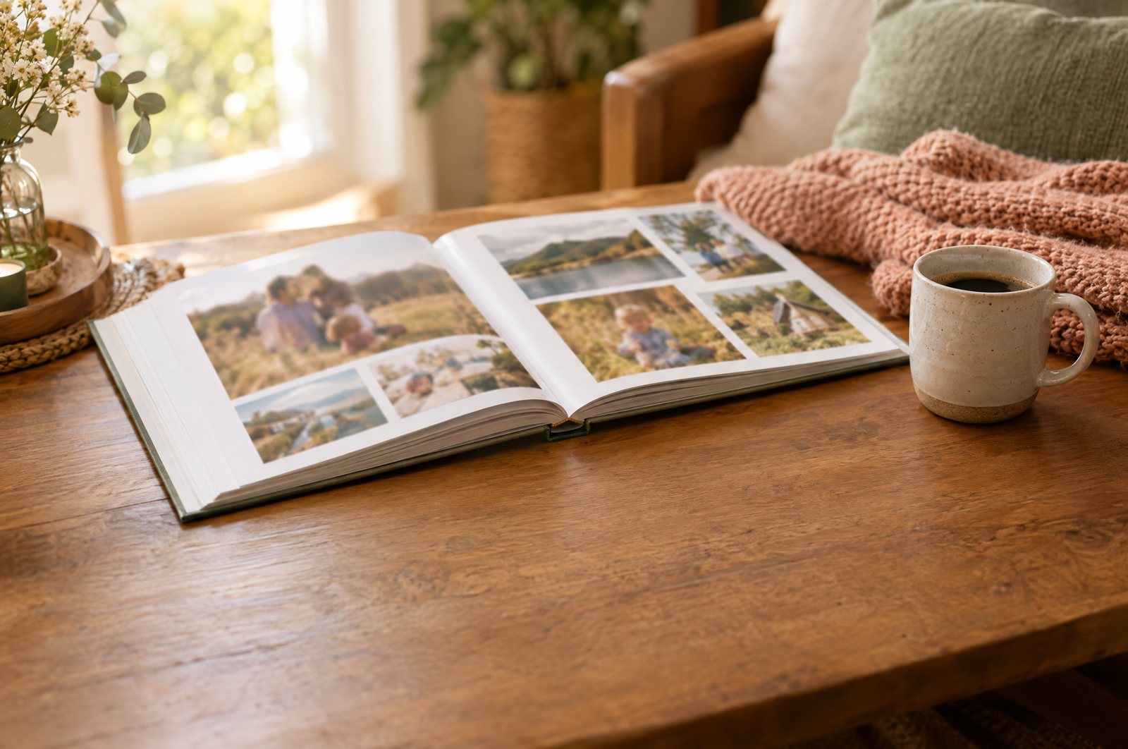 Aufgeschlagenes Fotobuch mit Familienfotos auf einem Holztisch, daneben eine Tasse Kaffee und eine rosa Strickdecke