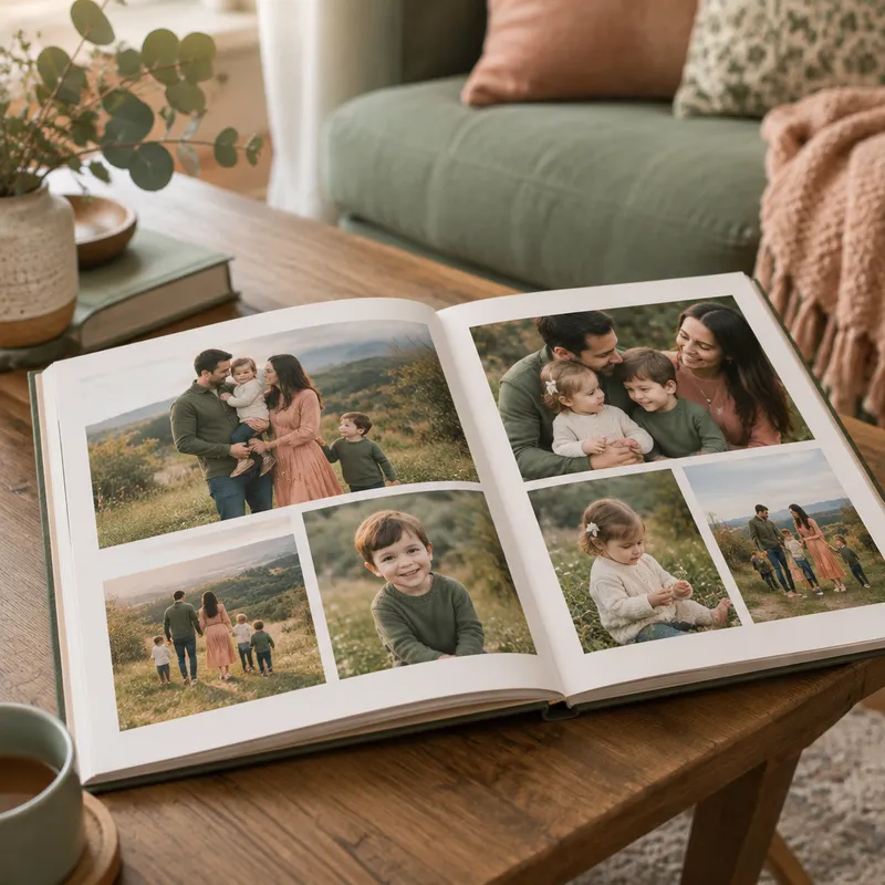 Aufgeschlagenes Fotobuch mit Familienfotos auf einem Holztisch