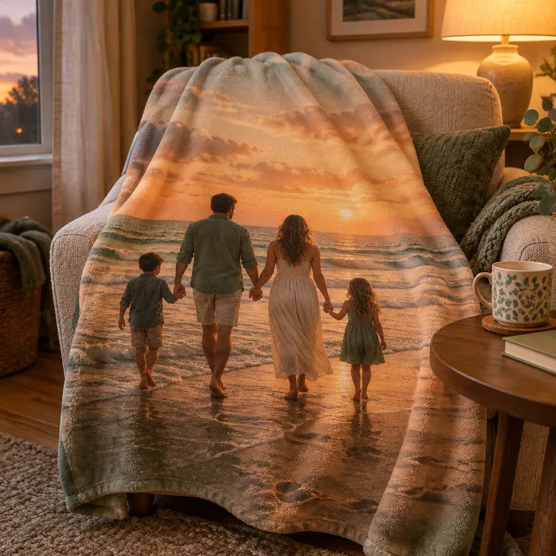 Fotodecke mit Strandfoto einer Familie über einem Sessel