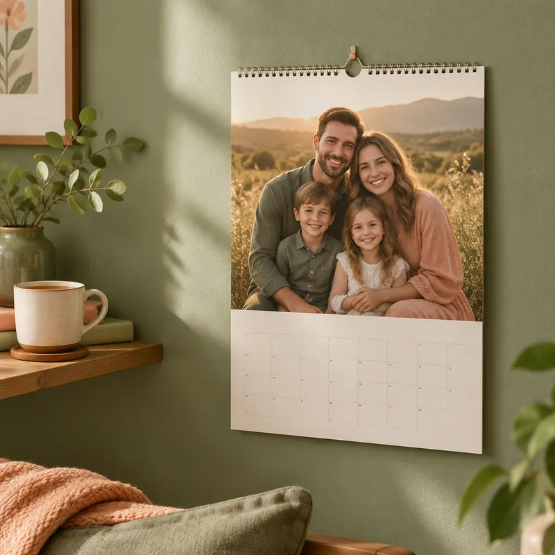 Fotokalender mit Familienporträt an der Wand