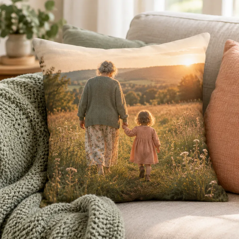 Fotokissen mit Foto von Oma und Enkelin auf einer Wiese