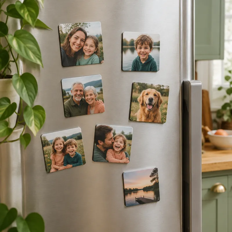 Fotomagnete mit Familienschnappschüssen an der Kühlschranktür