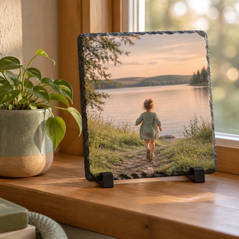 Fotoplatte aus Schiefer mit Foto eines Kindes am See auf der Fensterbank