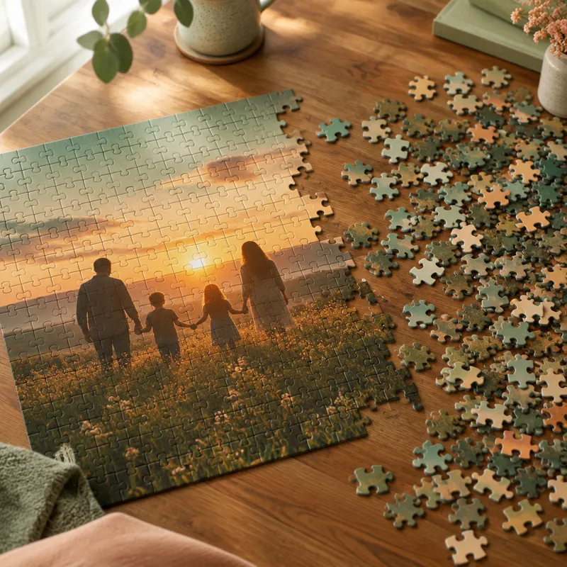 Fotopuzzle mit Familienfoto im Sonnenuntergang auf einem Tisch
