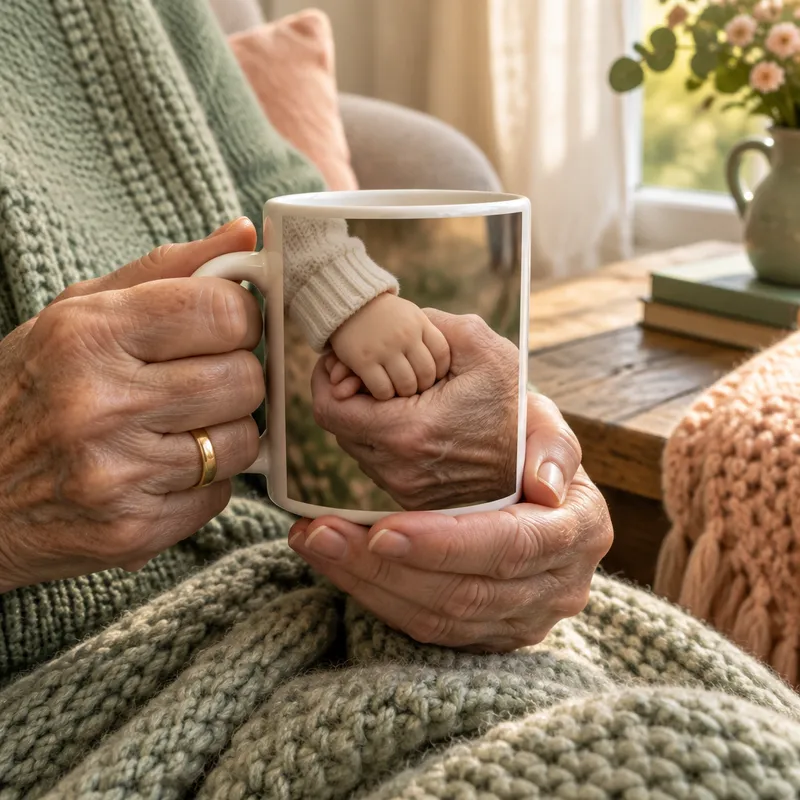 Hände halten eine Fototasse mit Foto von Kinderhand und Großmutterhand