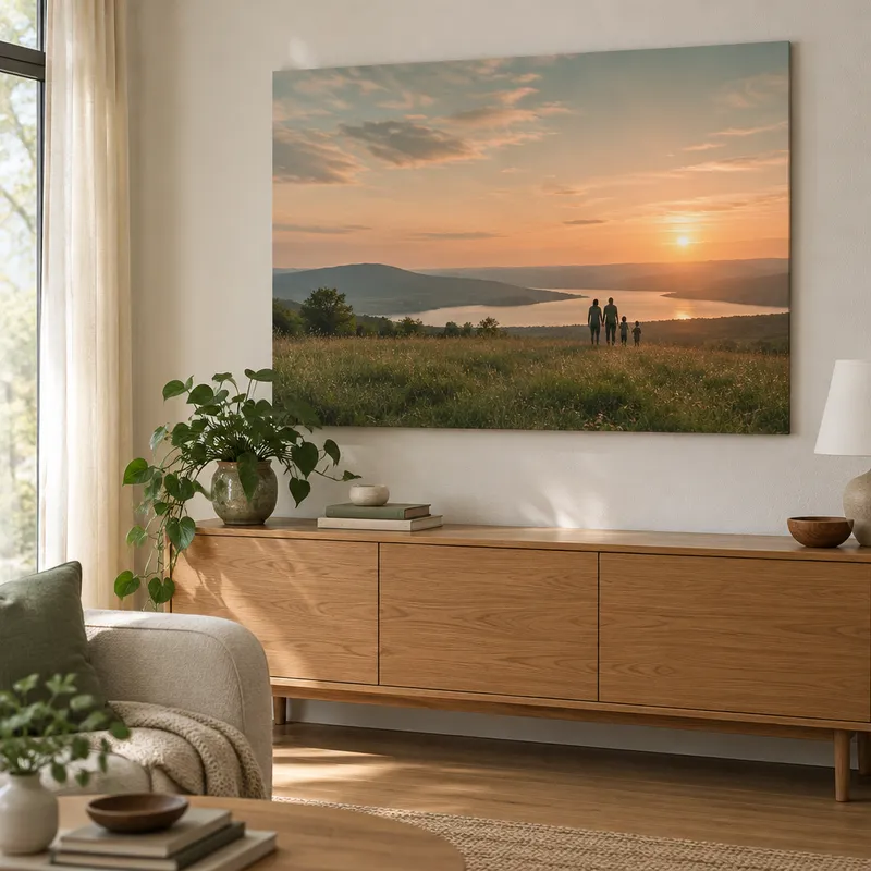 Leinwand mit Landschaftsfoto im Wohnzimmer an der Wand